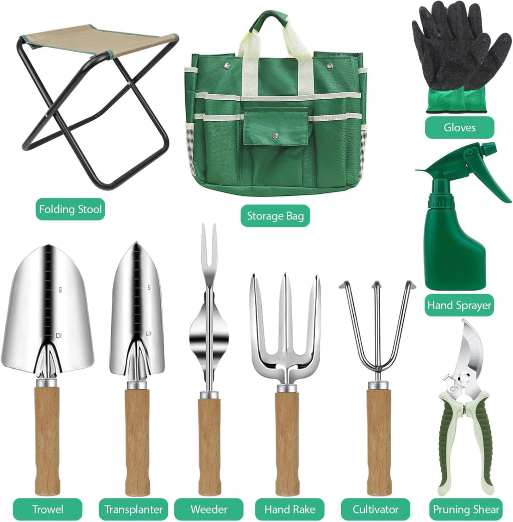 Garden Tool Set,10 Pieces Heavy Duty Gardenting Tool Kit, Folding Stool with Detachable Tote Bag, Thicker Stainless