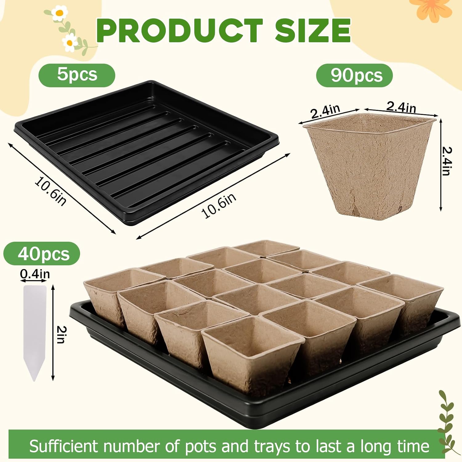 5PCS Seed Starter Tray with 90PCS Square Seed Peat Pots,Seed Starter Kit | Plastic Germination Trays and Square Peat