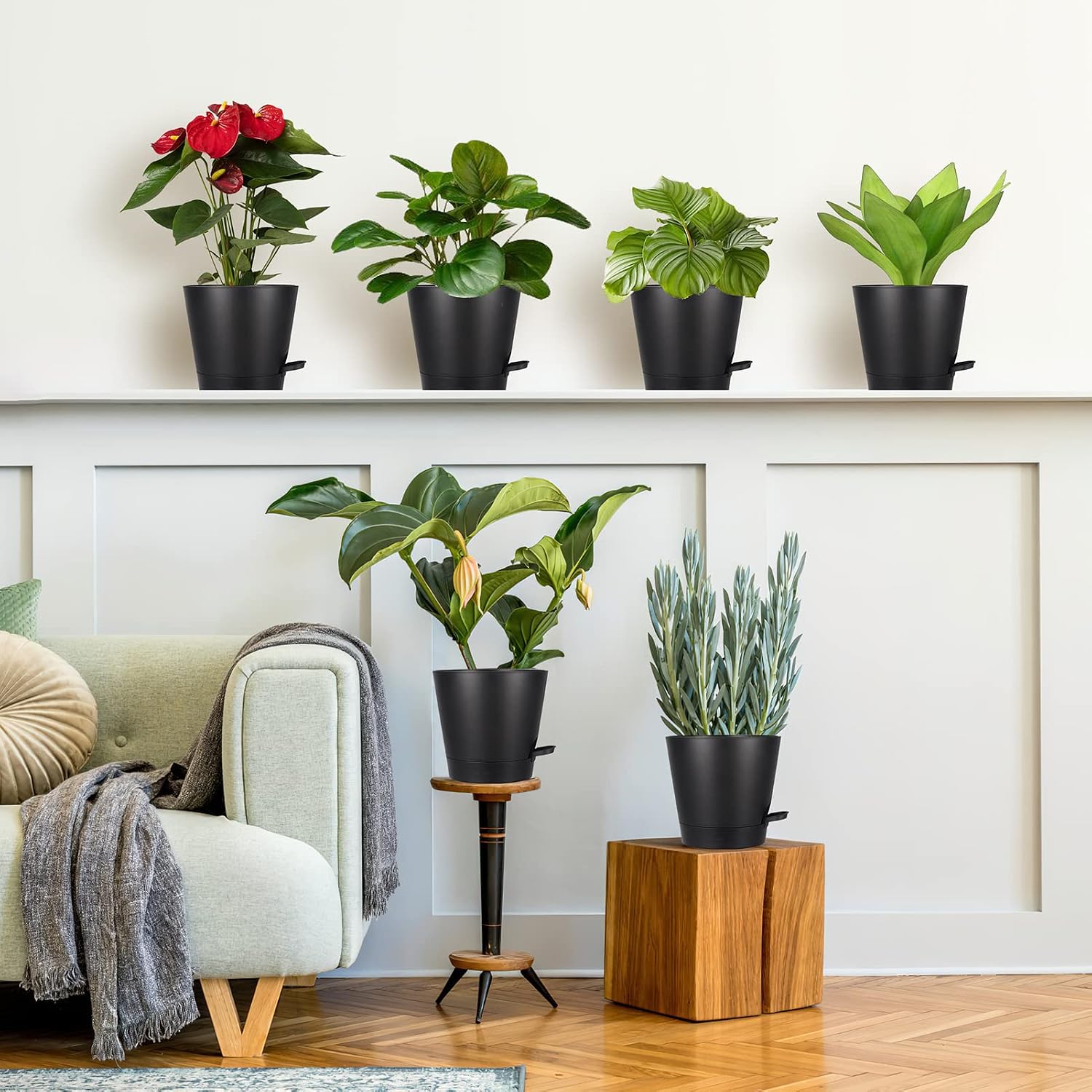 8 Inch Self Watering pots for Indoor, 6 Pack Plastic Plant Pots with Drainage Holes, Black
