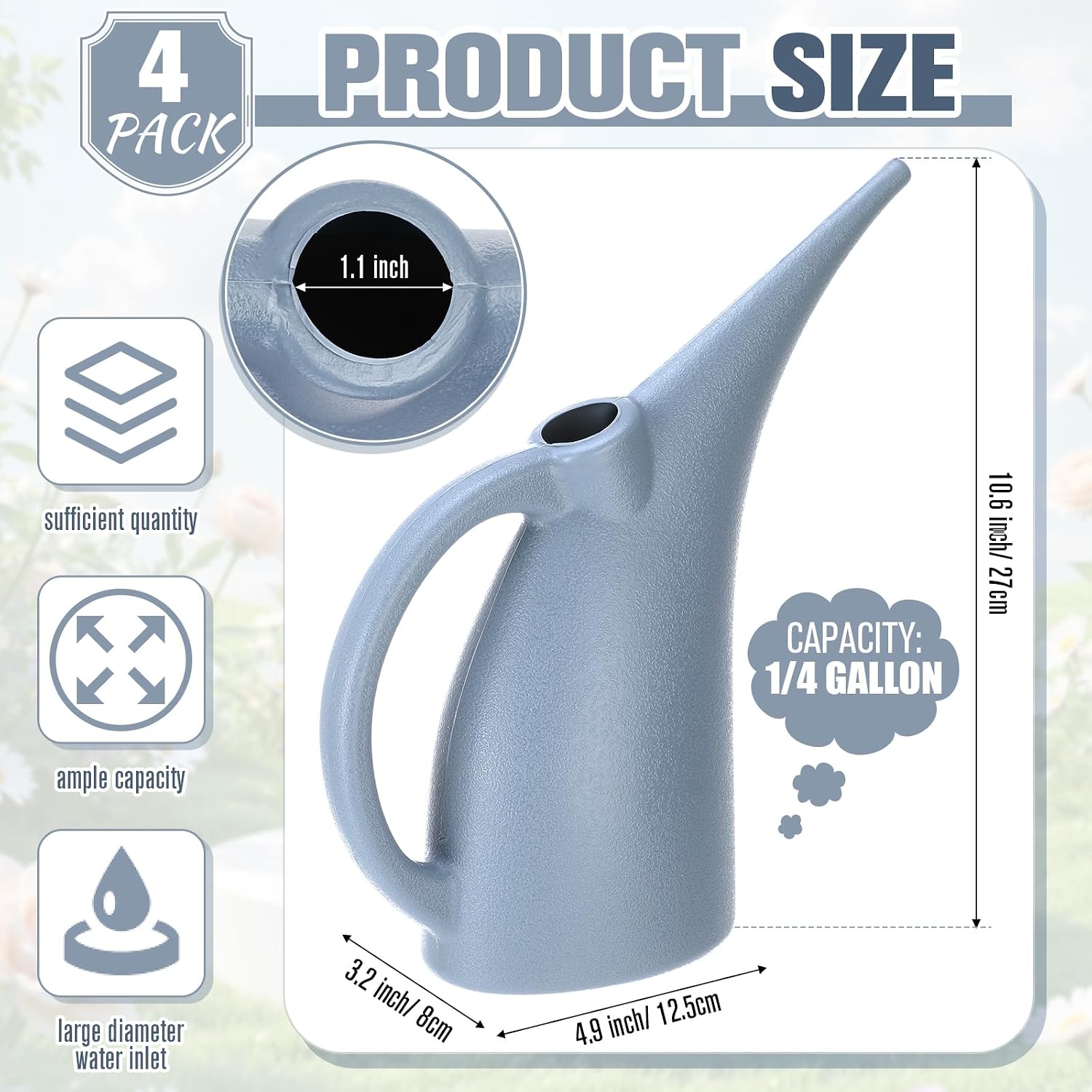 LemonRoad 4 Pack Small Indoor Watering Plant Can 1/4 Gallon Plastic Long Spout Indoor Outdoor Plant Watering Cans Bulk