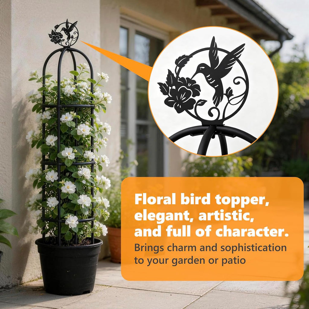 Elegant Outdoor Garden Trellis for Climbing Plants with Premium 100% Metal | Floral Bird Topper 5.9ft Tall, 7.7lbs