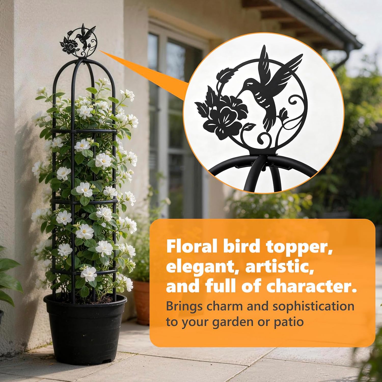 Elegant Outdoor Garden Trellis for Climbing Plants with Premium 100% Metal | Floral Bird Topper 5.9ft Tall, 7.7lbs
