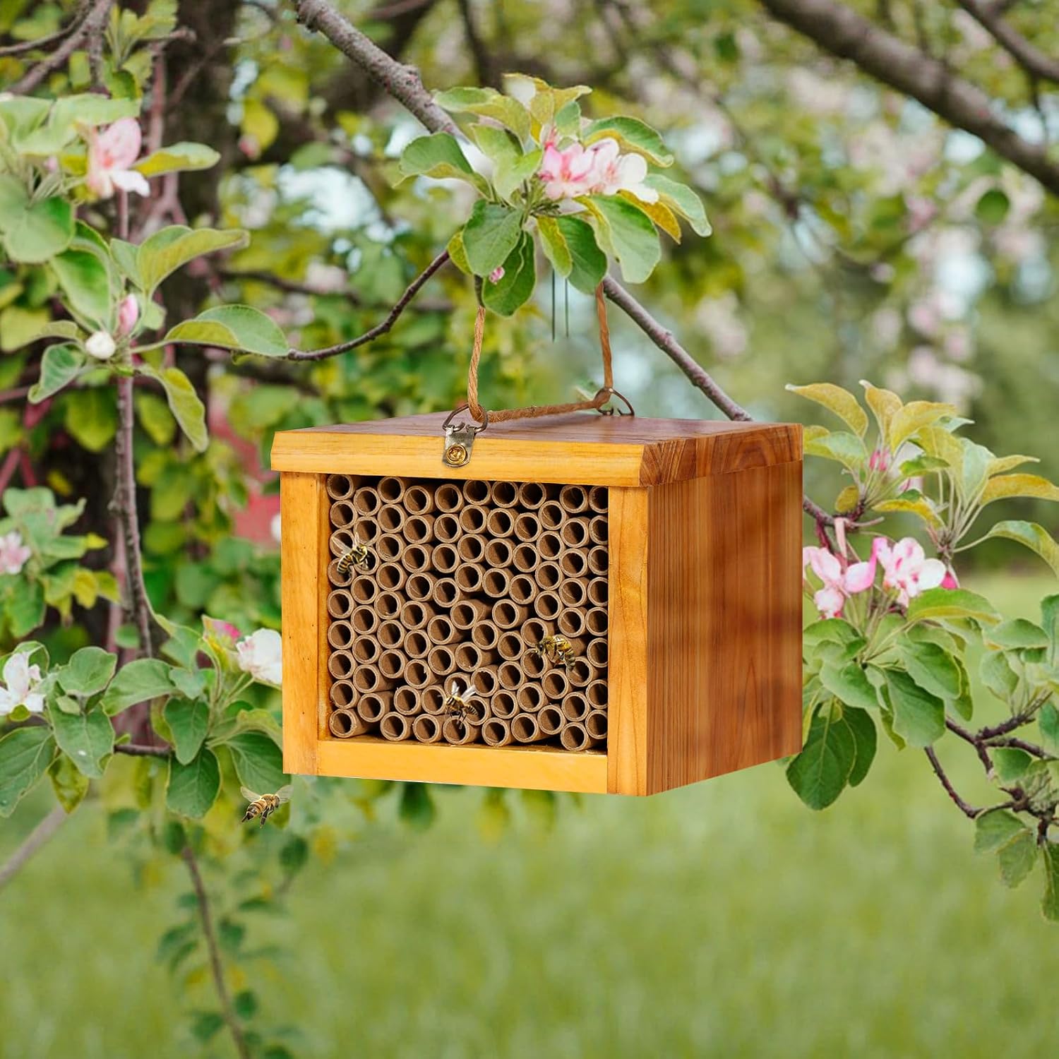 Mason Bee House - Wax Coated Bee Hotel for the Garden, Natural Handmade Wooden bee Home, Mason Bee Home for Outdoors