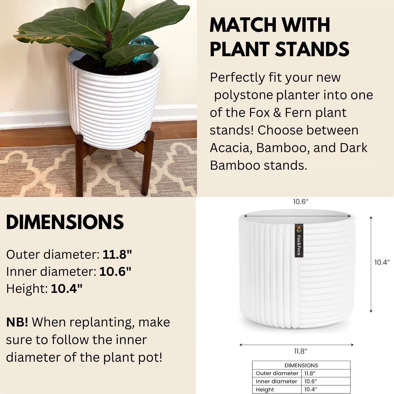Fox & Fern Large Planter for Indoor or Outdoor, Matte White, 12 Inch | UV & Frost Resistant, 70% Lighter than Ceramic