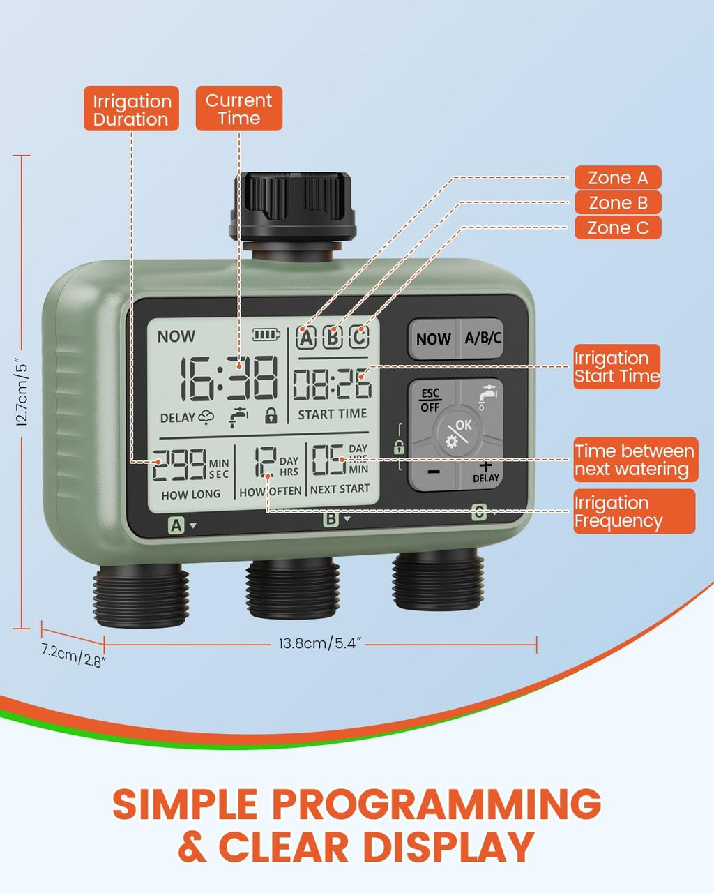 3 Zone Sprinkler Timer, Programmable Water Timer for Garden Hose | 3 independent zones, programmable watering, rain