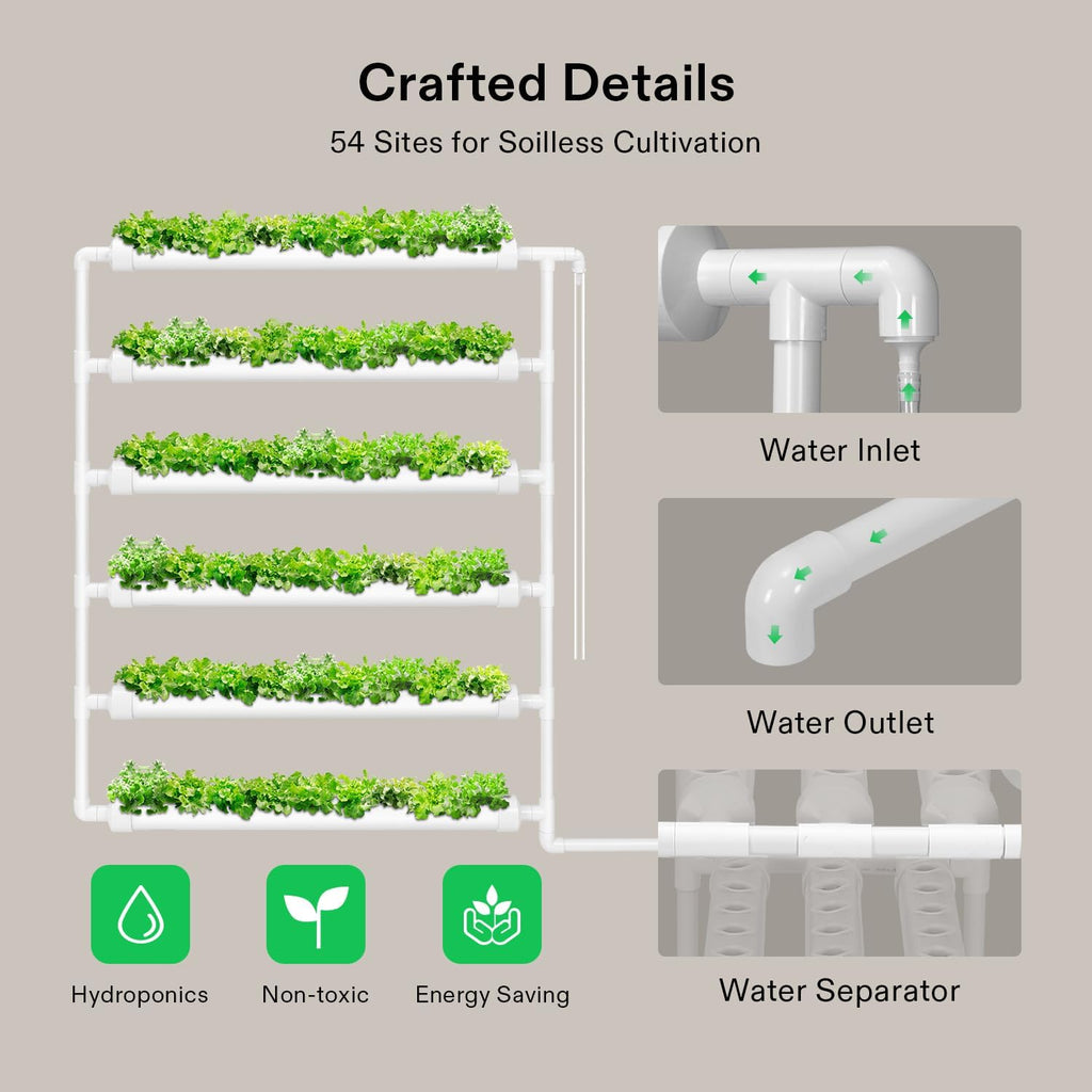 VIVOSUN Hydroponic Grow Kit, 54 Plant Sites 6 Food-Grade PVC-U Pipes Hydroponics Planting System with Water Pump, Pump