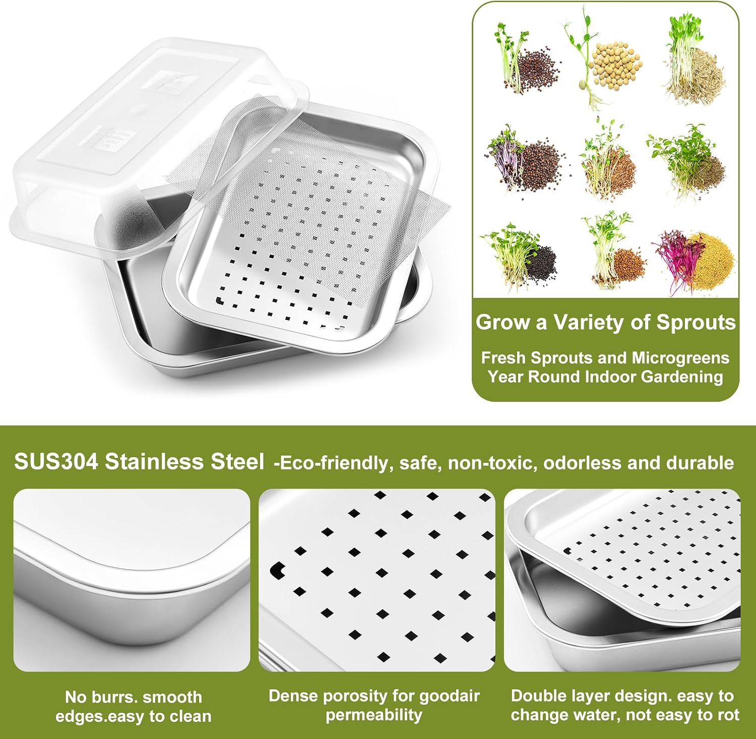 2 Pack Seed Sprouting Kit with Lid, 10.4 Inch Stainless Steel Soilless Culture Germination Tray, Microgreens Growing