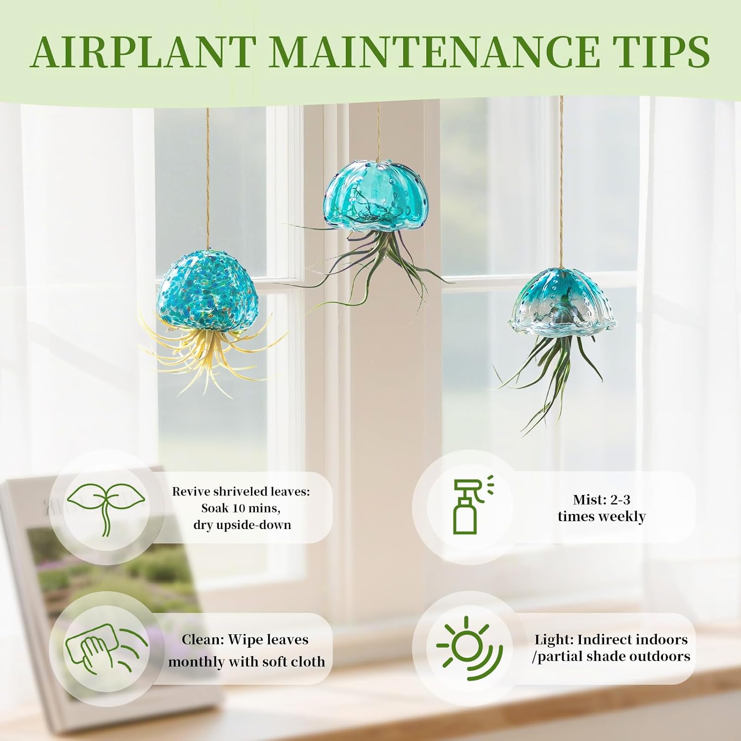 Glasseam Glass Jellyfish Decor, 3 Pcs Hanging Air Plant Holders with Jute | Tillandsia Houseplants Display, Ocean Blue