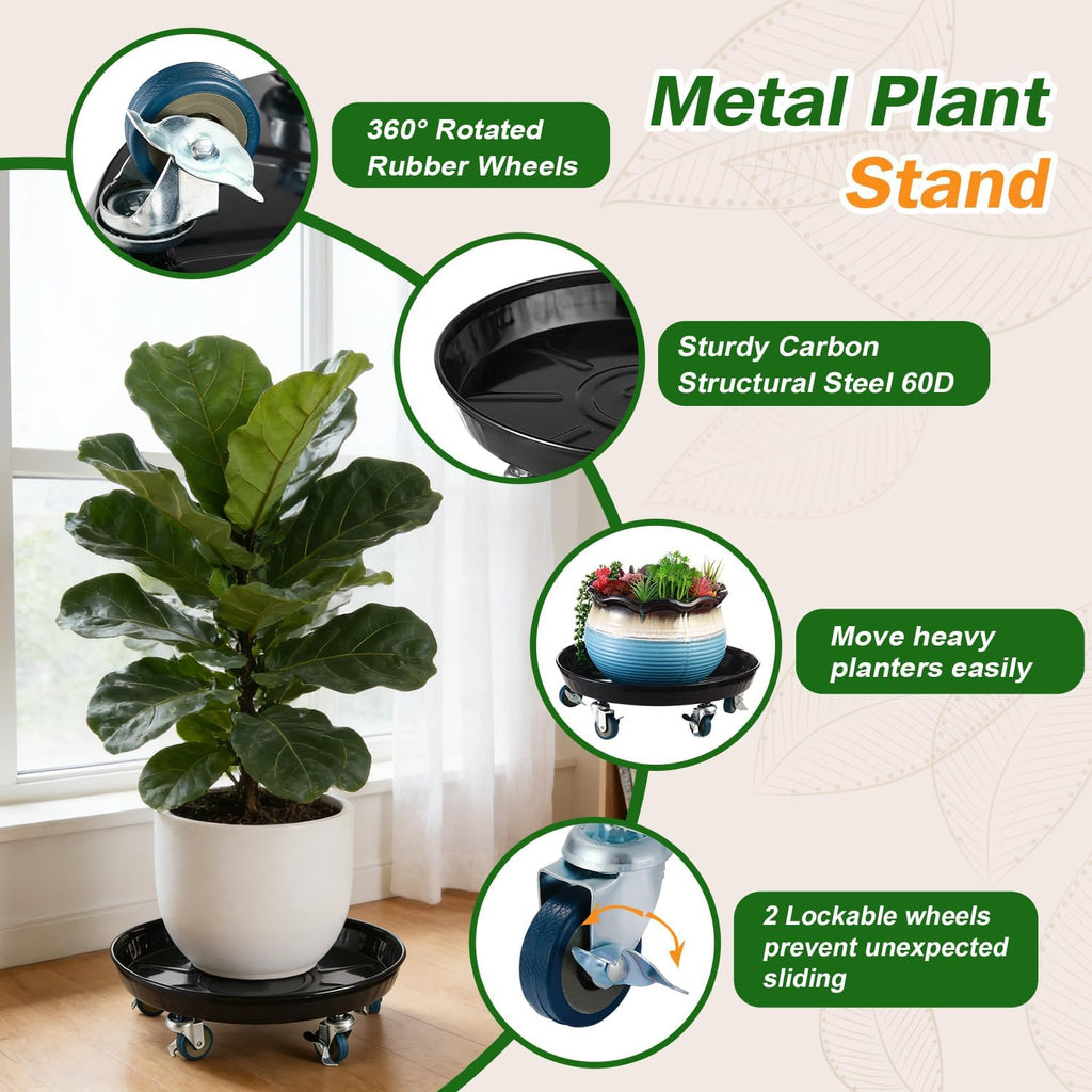 Planterhoma 3 Packs 18" Metal Plant Caddy with Wheels Extra-Large Rolling Plant Stand Heavy-Duty Plant Dolly with