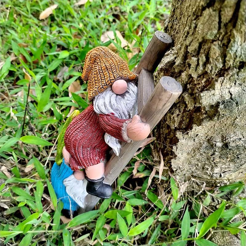 Garden Gnome Statue, Funny Climbing Ladder Gnomes Figurine Resin Sculpture Outdoor Decor for Patio Yard Lawn Porch