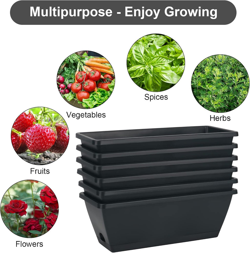 6 Pcs Window Box Planter, 17" Rectangular Planter Box with Saucers, Black | Sturdy Plastic Planter Boxes, Outdoor