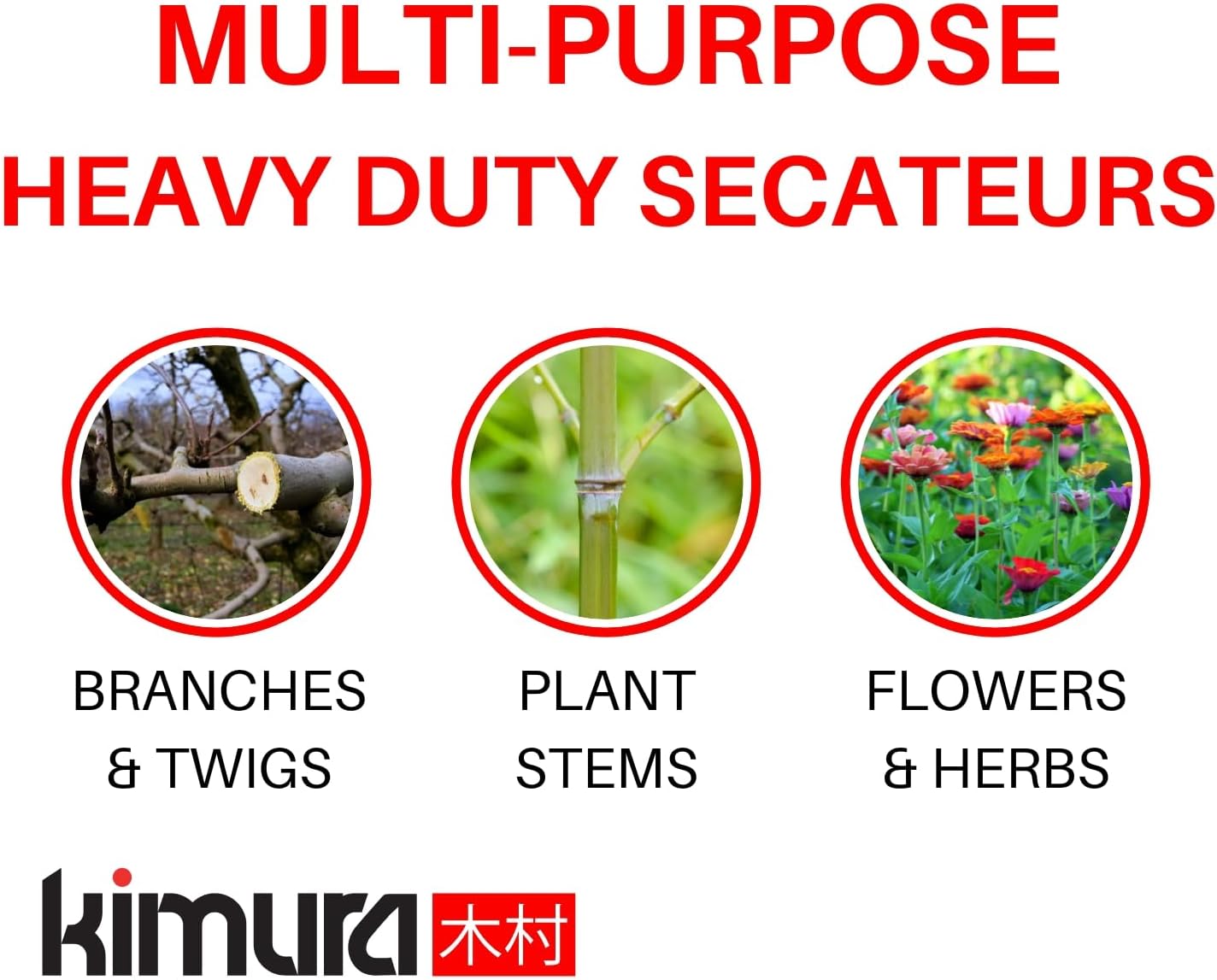 Kimura® 8" Pro Bypass Pruning Shears, Heavy Duty Japanese SK5 Steel Blades, 1 inch Cut Capacity, Non-Slip PVC Coated