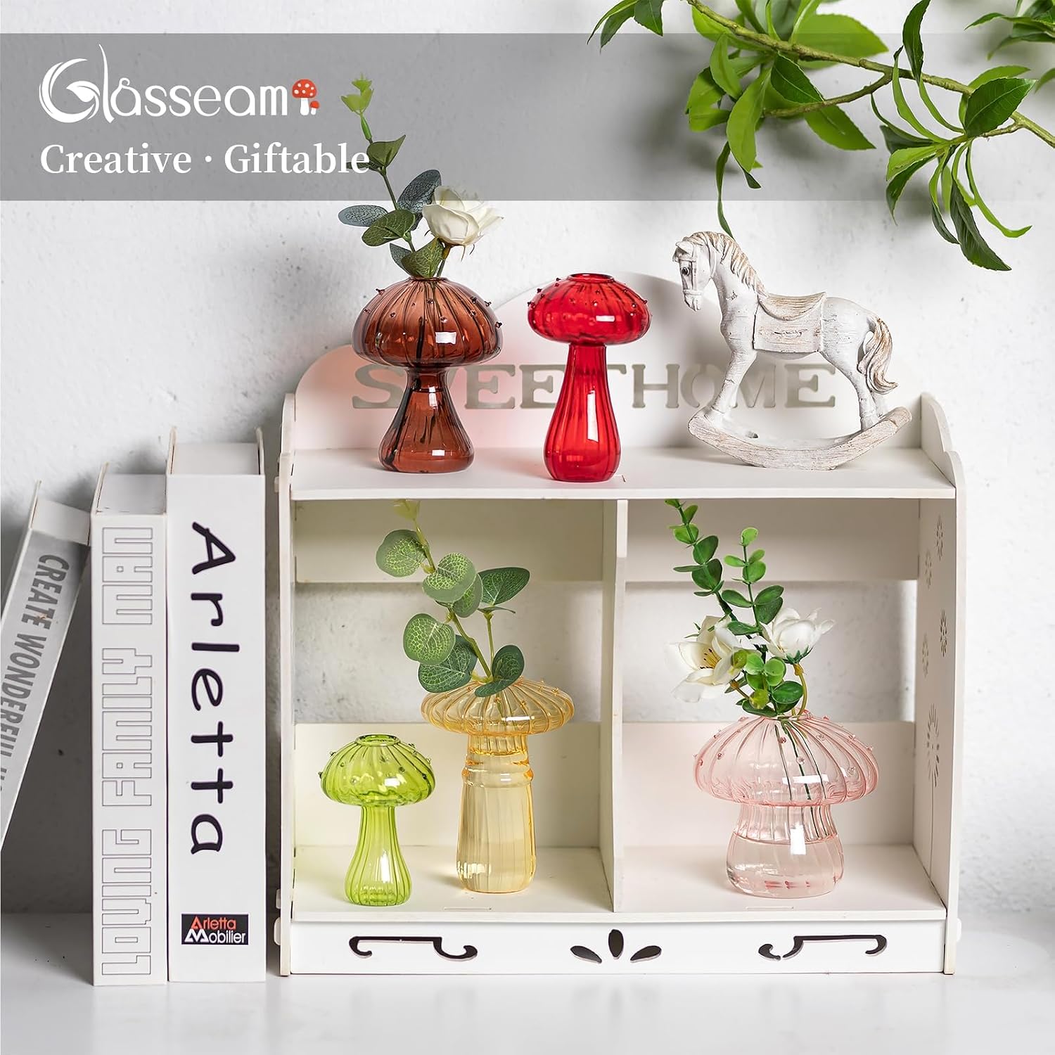 Glasseam Mushroom Plant Propagation Station: 5 Pcs Glass Mini Terrarium | Colored, Small Hydroponic Planter, Cute