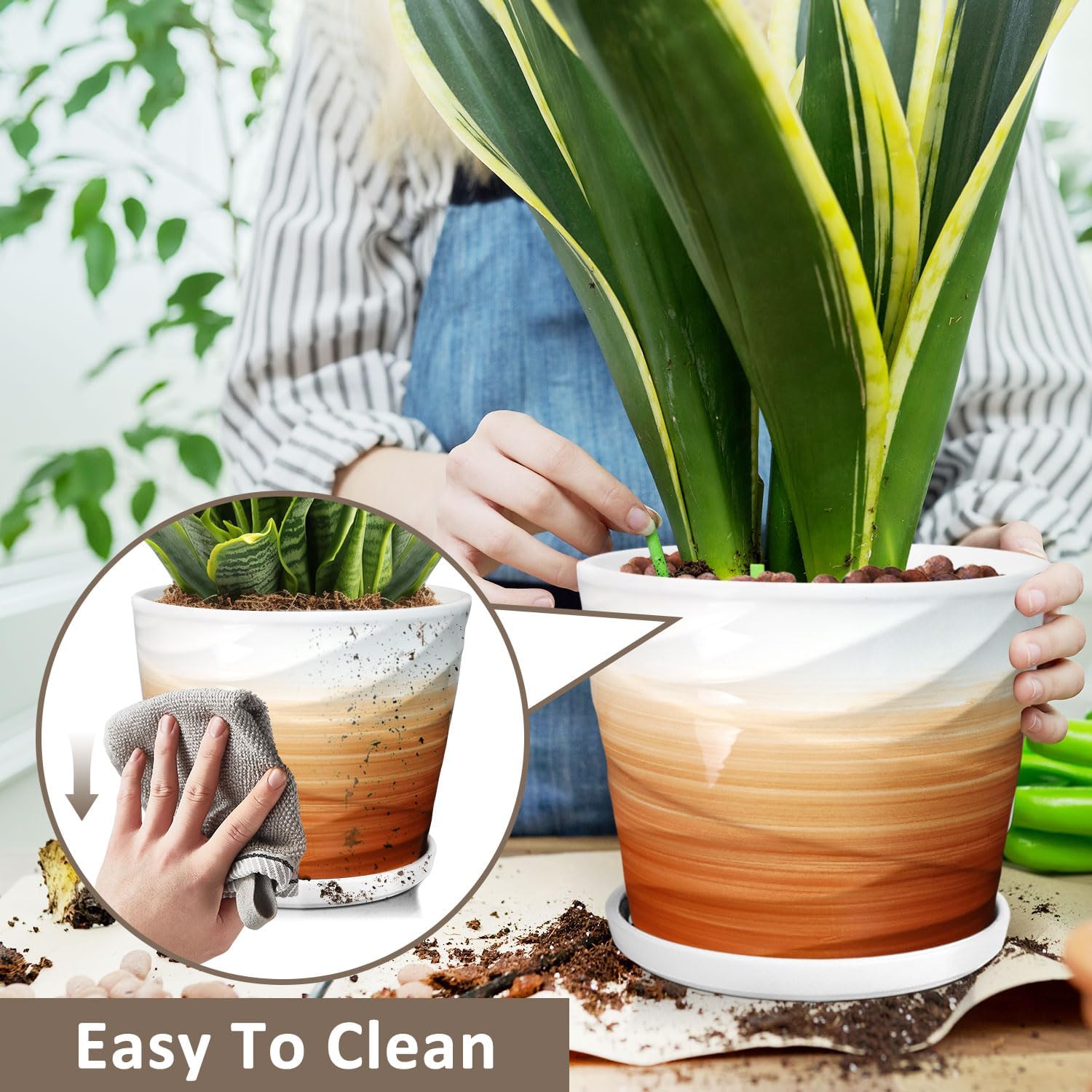 8 Inch Plant Pot, Ceramic Planter with Drainage and Saucer,Ceramic Planters for Indoor Plants, 8 Inch Garden pots(Khaki