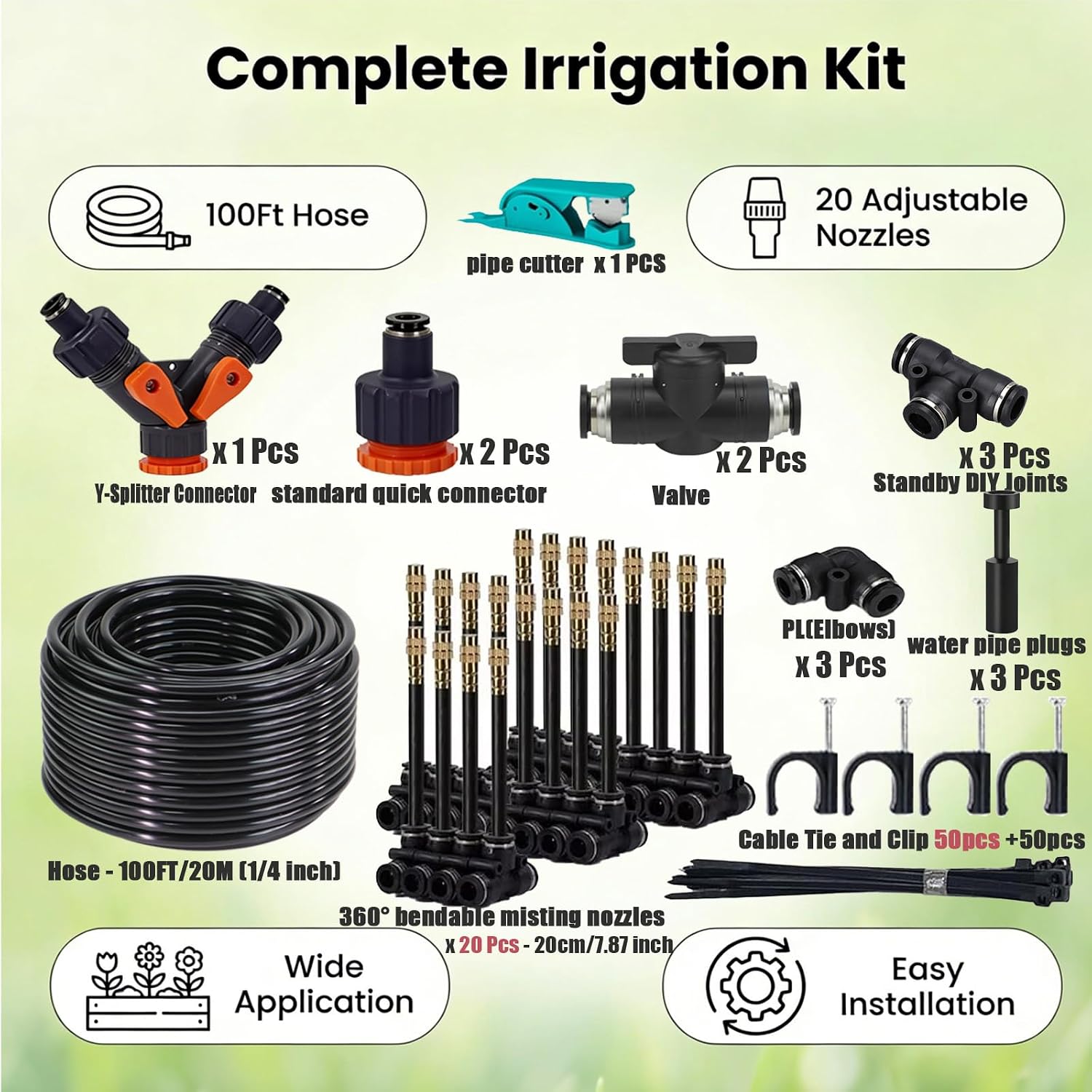 Drip Irrigation System, Upgrade Garden Irrigation Kit - 66Ft 5/16" with 20 pcs Adjustable Copper Nozzles,Automatic