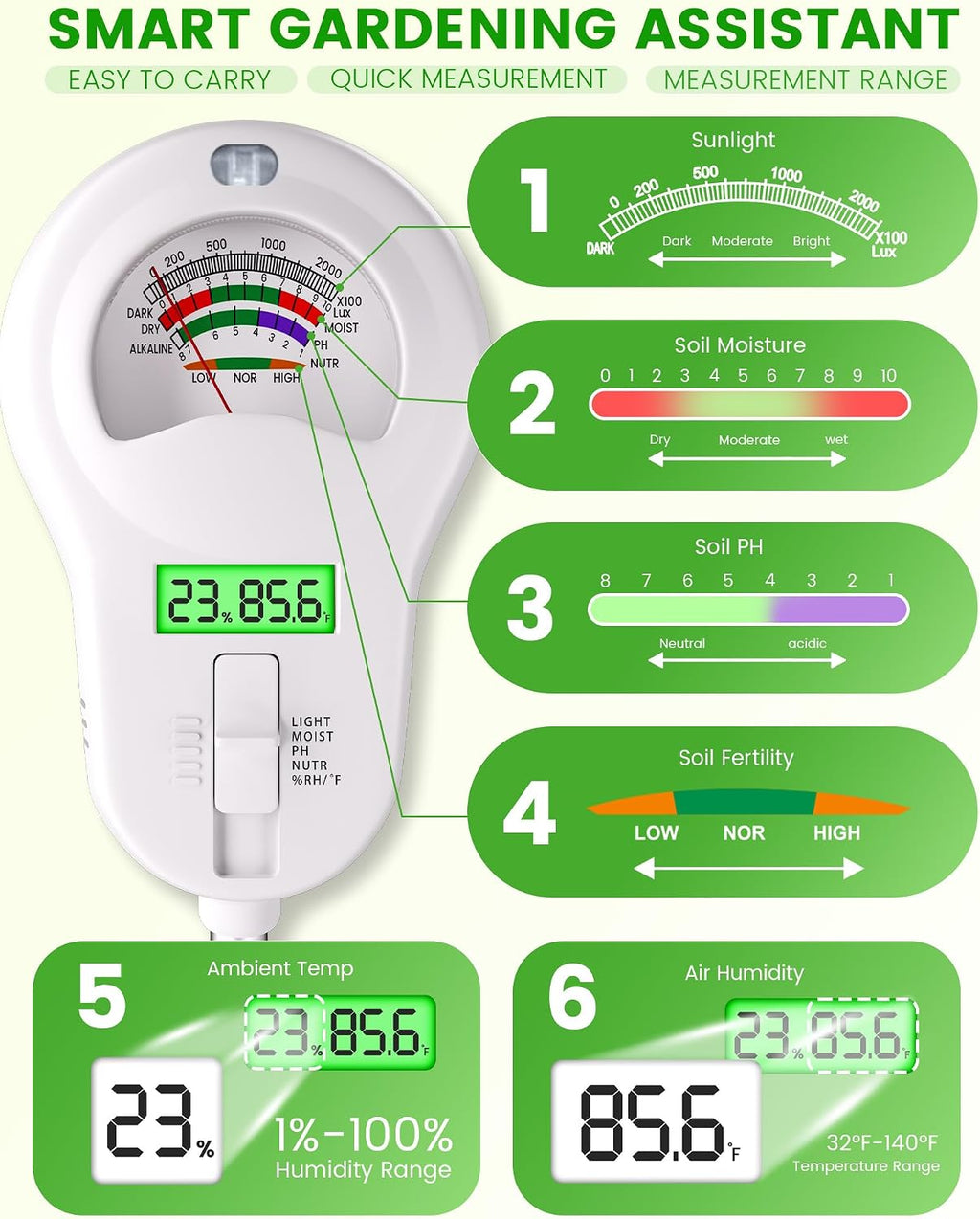 6-in-1 Soil Moisture Meter with 3 Probes, PH/Sunlight/Soil Moisture/Fertility with 3 Removable Probe, Digital Air