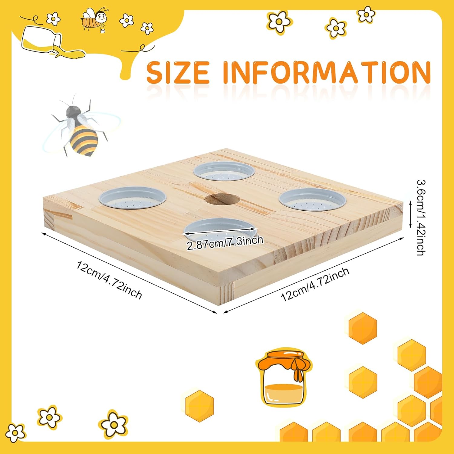 Rtteri 1 Pcs Bee Feeders for Hives with 4 Lids Wooden Honey Mason Jar Beehive Entrance Feeder for Beekeeping Bee