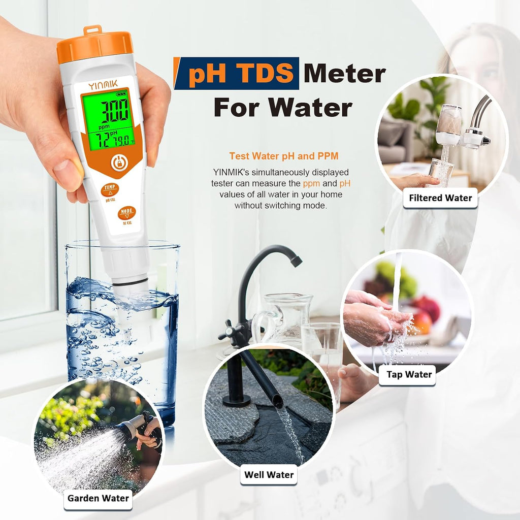 Hydroponics EC pH Tester, Simultaneous Display pH ppm for Reservoir Water | Continuous Monitoring of pH Conductivity