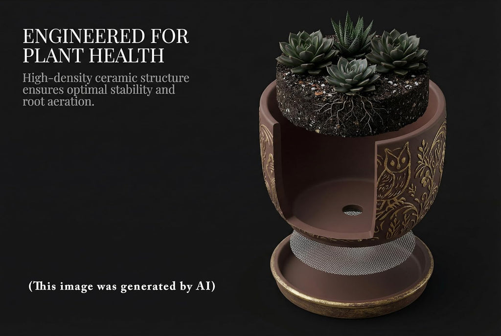Decorative Ceramic Planter Pot with Saucer, Brown with Gold and Silver Owl Pattern, Indoor Garden Container with