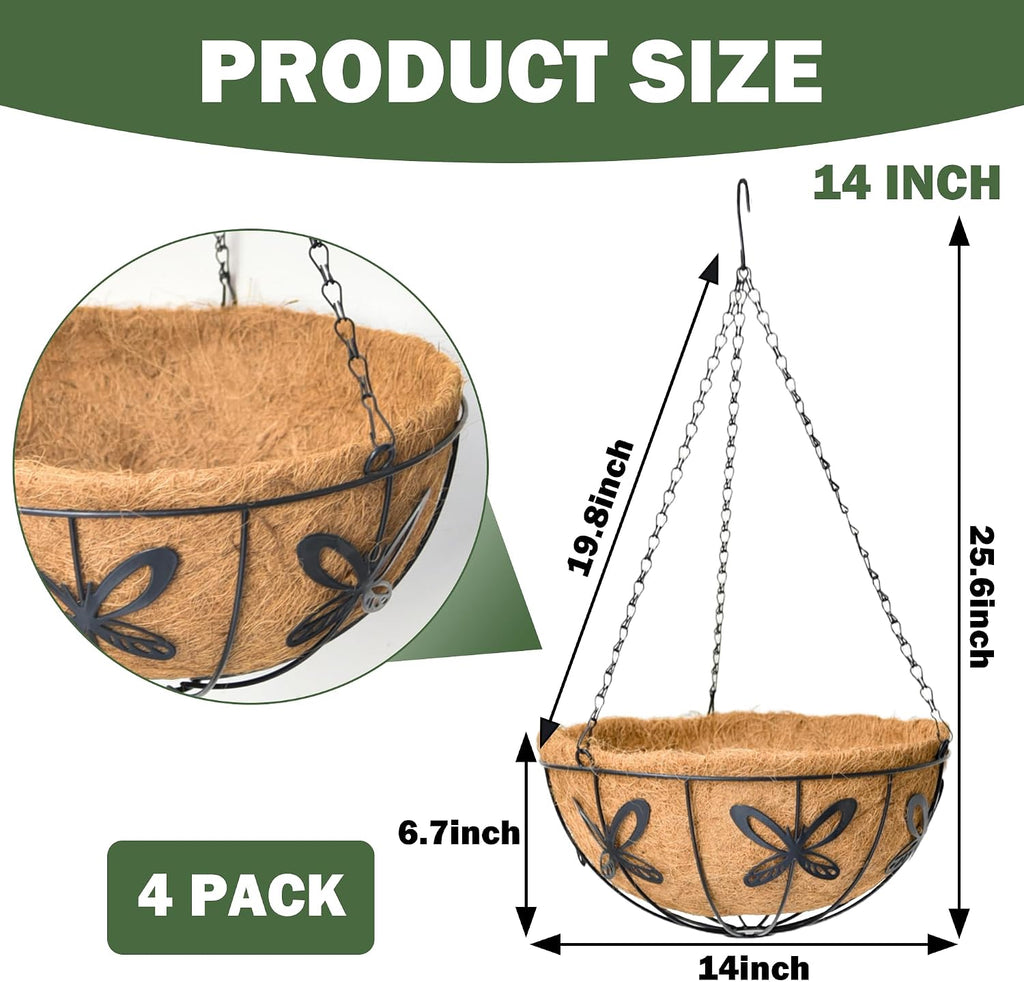 4 Pack 14 Inch Hanging Baskets for Plants Outdoor Metal Hanging Planter Basket with Coco Coir Liner Hanging Flower