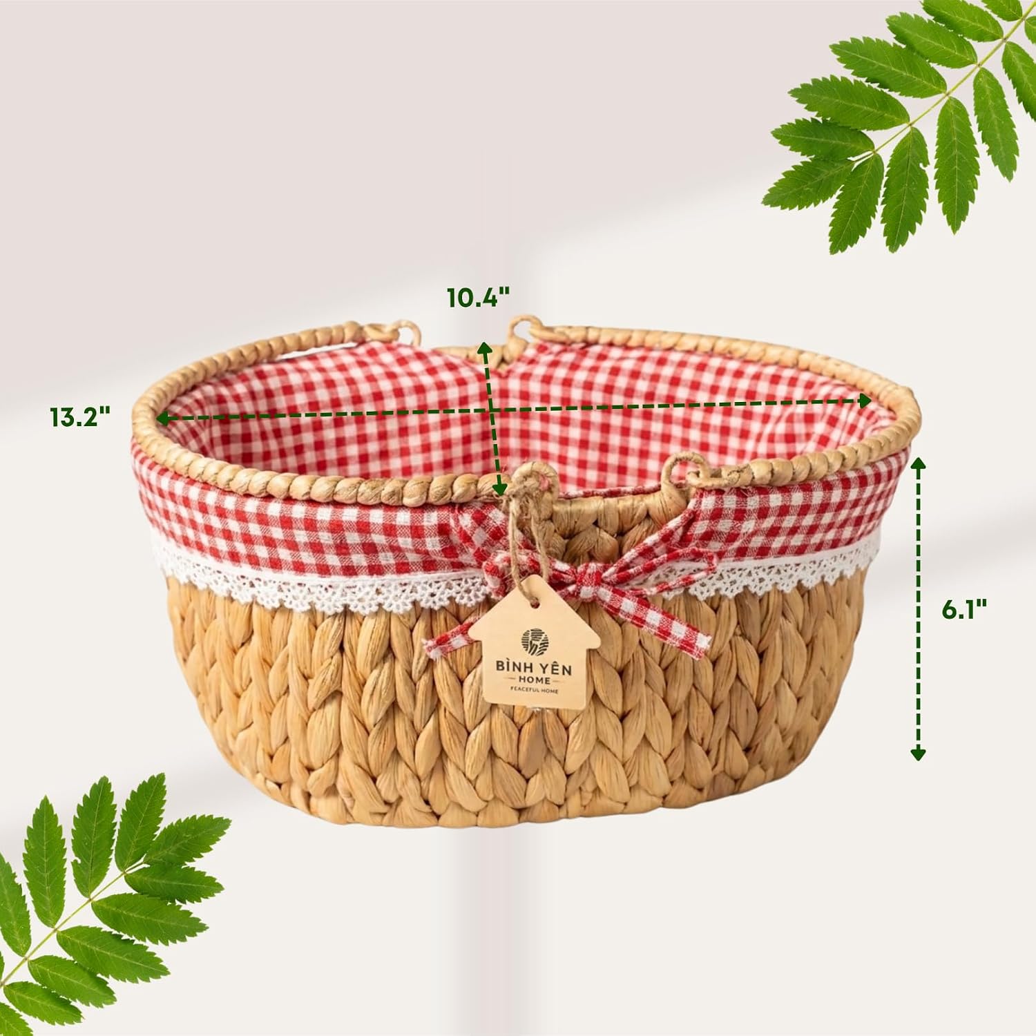 Wicker Basket with Handles and Lining, Handwoven Water Hyacinth Picnic Hamper, Oval Basket for Camping, Outdoor, Fruit