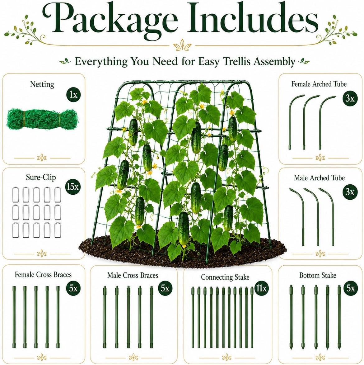FOLLOOK Cucumber Trellis for Raised Garden Bed, 48x48inch, Green | Rustproof Metal Garden Arch Trellis for Climbing