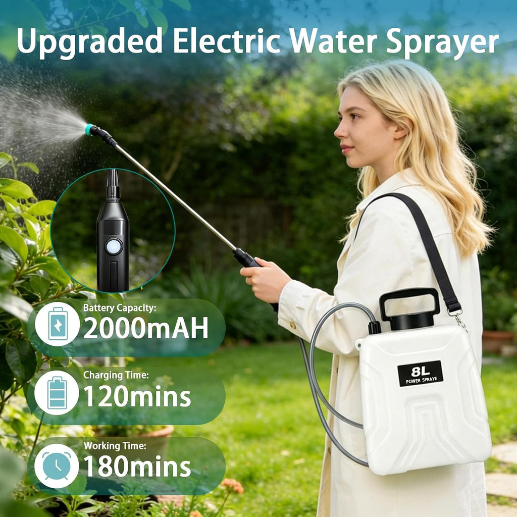 2 Gallon Battery Powered Sprayer, 2000mAh Electric Power White Continuous Battery Operated misting Retractable