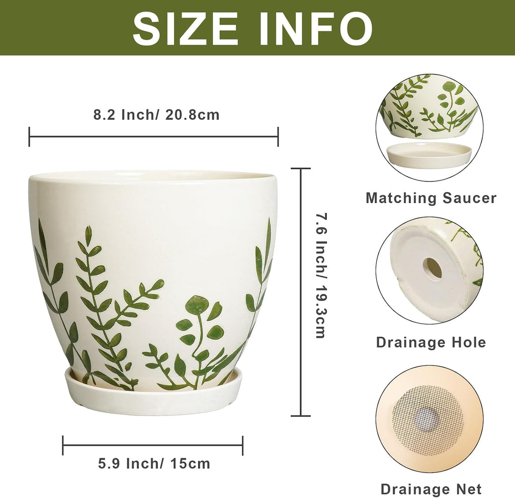 Ceramic Pot for Plants 8.2 Inch - Indoor Plant Pot with Drainage Hole and Saucer, Decorative Boho Round Outdoor