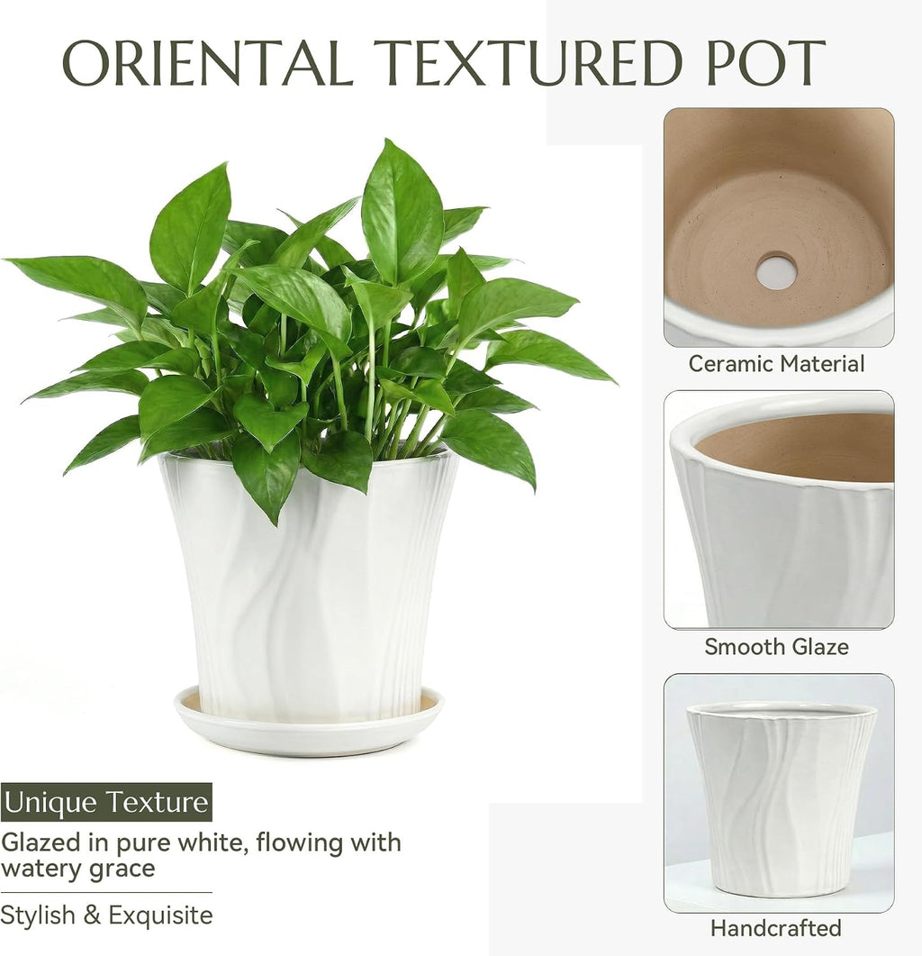 10 Inch Ceramic pots for Plants with Saucer Drainage Leak-Proof Mesh, Round Plant Pot with Gardening Gloves for Indoor