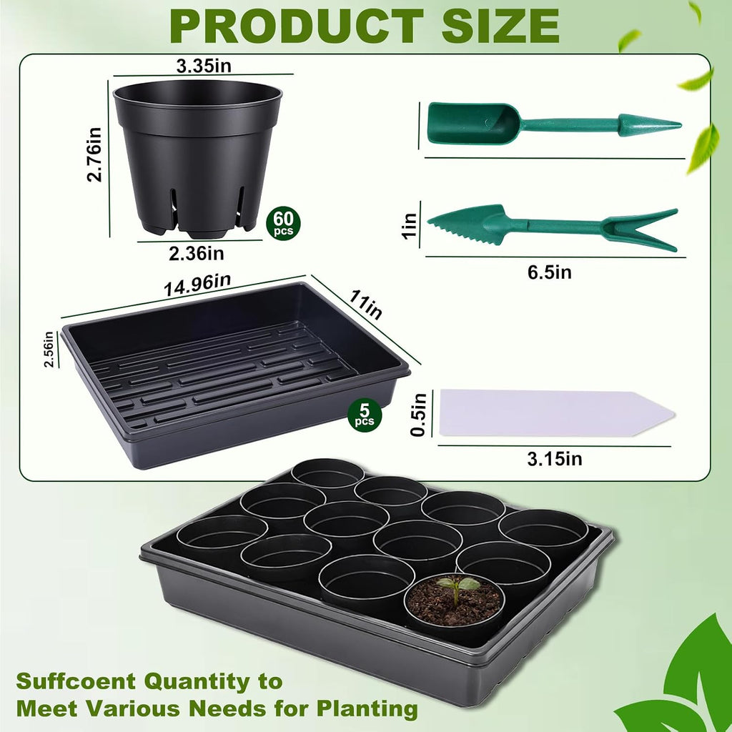 Seed Starter Tray Kit 60-Pack 3.4 Inch Round Nursery Pots | 5 Seedling Trays, 100 Plant Labels & 2 Transplanting Tools