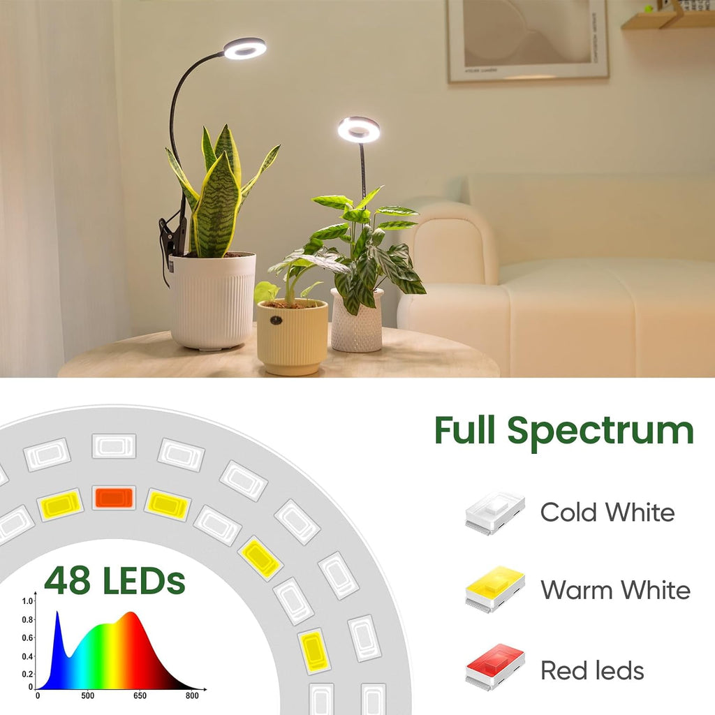 LORDEM Grow Lights for Indoor Plants, 2 in 1 Full Spectrum Plant Light with 360° Gooseneck, 48 LEDs, Auto Timer