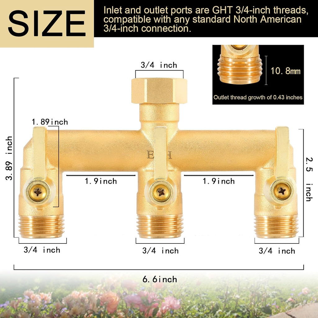 EBH Brass Garden Hose Splitter, 3 Way High Flow Outdoor Faucet Splitter,Full Flow 3-Way Brass Heavy Duty Hose Splitter