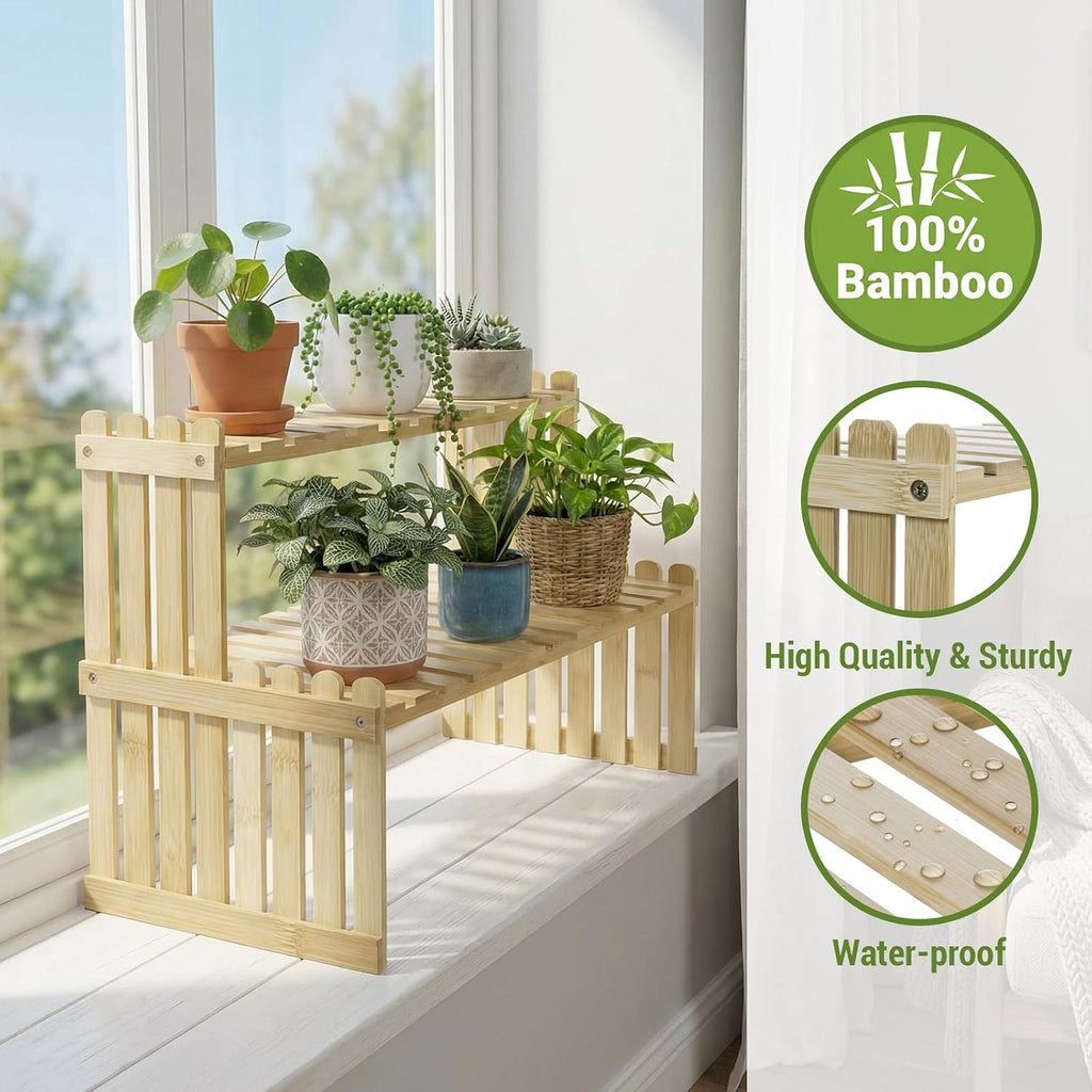 MyGift Bamboo Desktop Plant Stand, 2 Tier Slatted Shelf Organizer Rack | Natural bamboo stand adds two tiers for