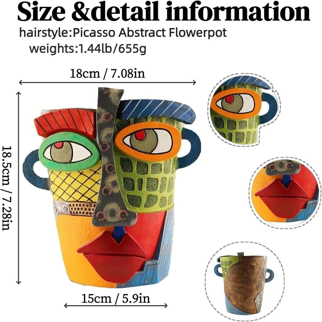 Picasso Abstract Face Flower Pot,Unique Resin Crafted Planter with Drainage Holes,Interesting Colorful Planter with