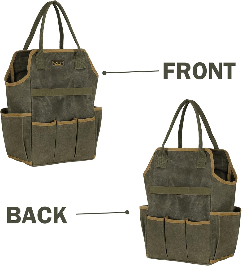 Tool Bag, Heavy Duty 16oz Waxed Canvas Garden Tool Tote - with 3 Inner Slots & 8 Outer Pockets, Multi-Purpose Gardening