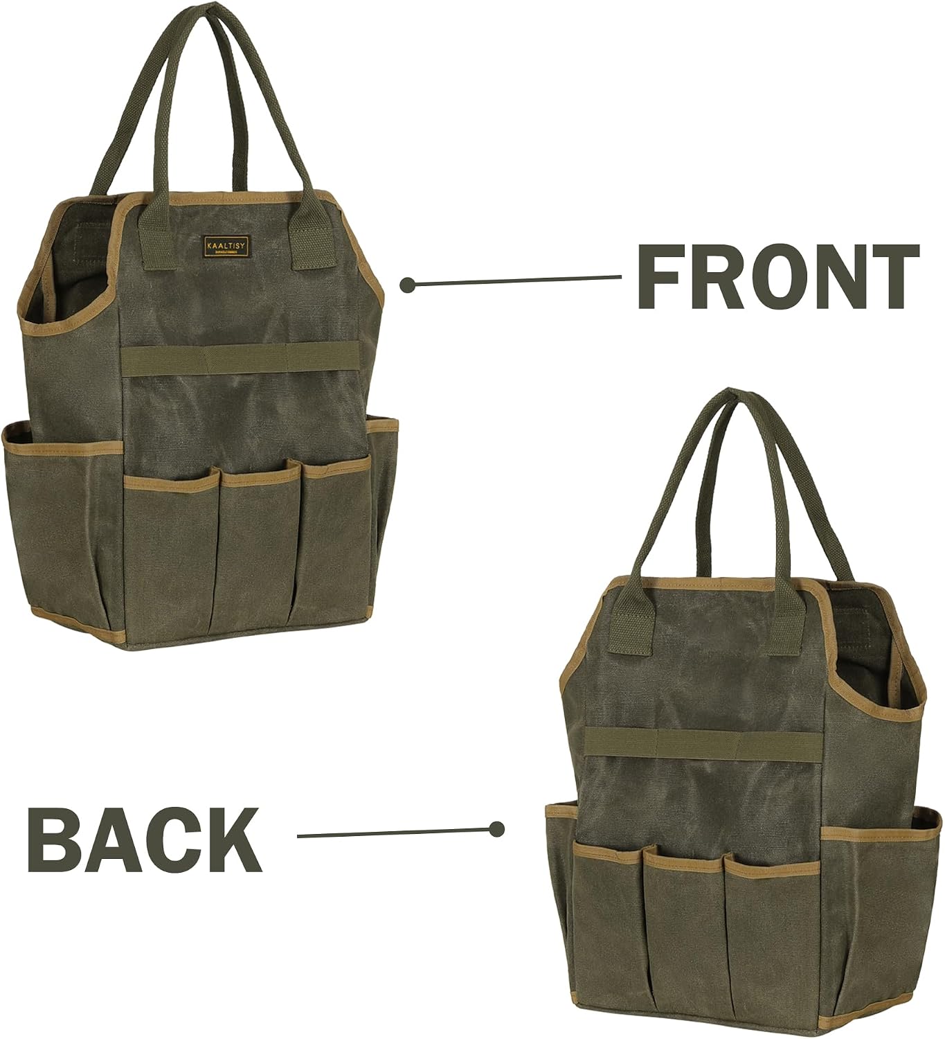Tool Bag, Heavy Duty 16oz Waxed Canvas Garden Tool Tote - with 3 Inner Slots & 8 Outer Pockets, Multi-Purpose Gardening