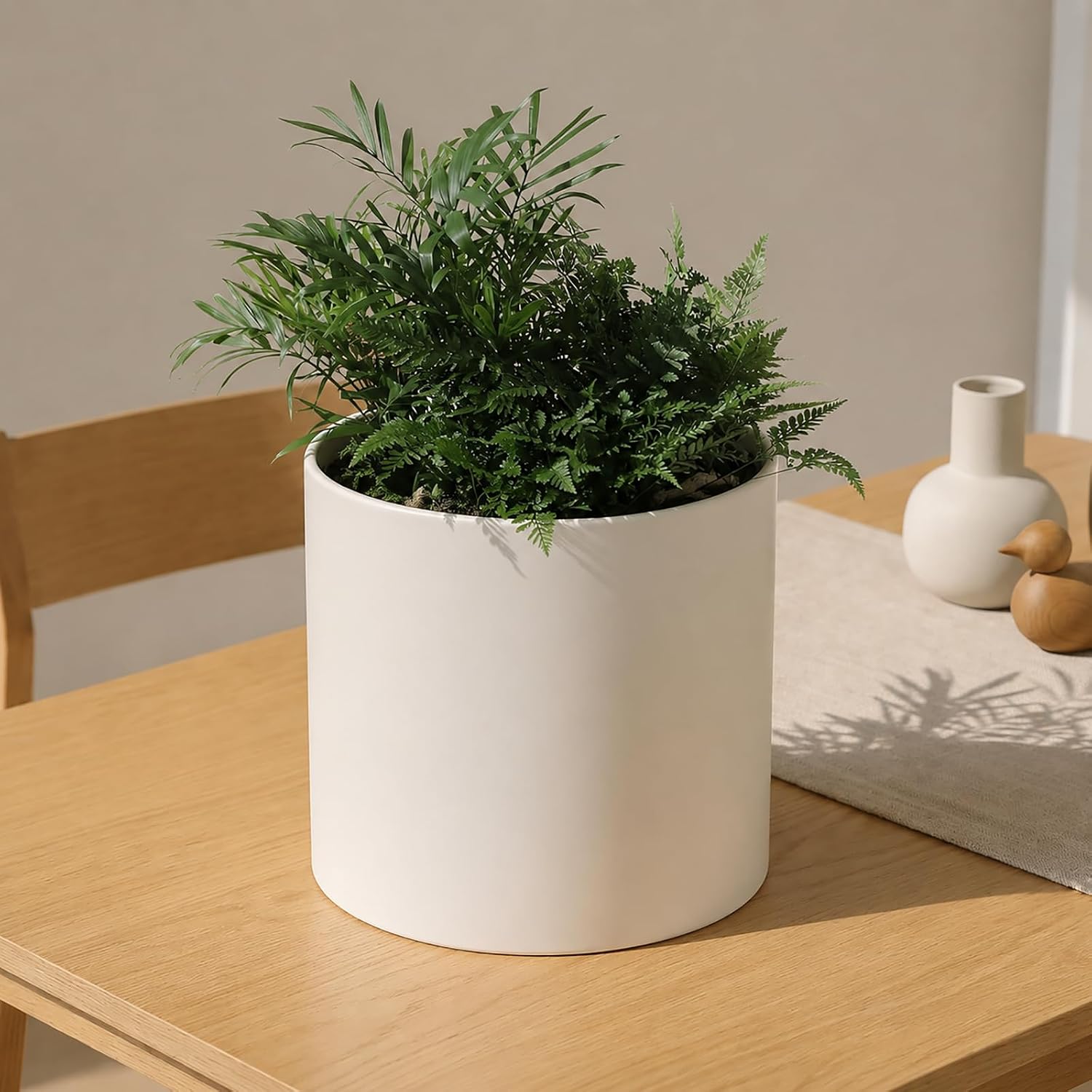 Beige Metal Plant Pot with Drainage Hole, 10 Inch Mid Century Pot Indoor Outdoor Planters for Succulents, Flowers &
