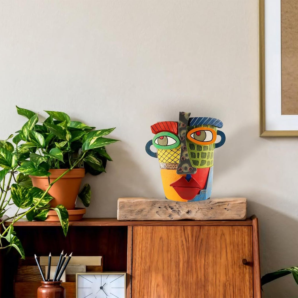 TOZLU Abstract Face Head Planter Picasso Colorful Art Resin Flower Pot | Unique Decorative Planter Gift With Drainage