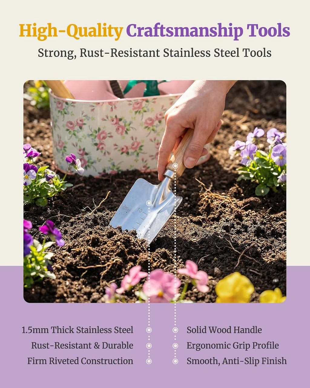9Pcs Garden Tool Set with Stainless Steel Tools&Metal Basket, Pink | 5 Wood Handles, Rust Resistant, 4 Compartment