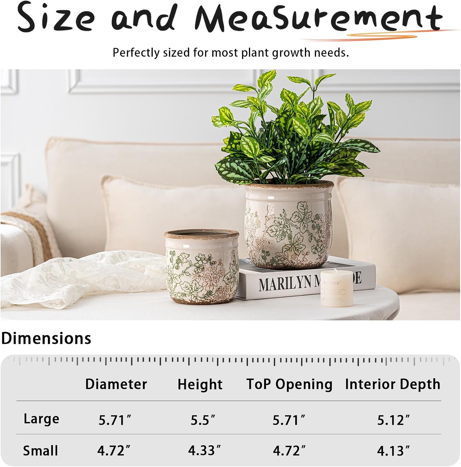 SURE YUESI Ceramic Plant Pots Set of 2, 4.7 & 5.7 Inch Vintage Indoor Planters with Drainage Hole, Farmhouse Ceramic