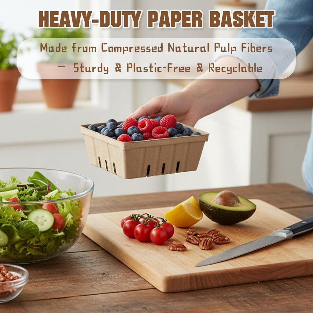 Natural Pulp Fiber Berry Baskets, 20 Pack 1-Quart (2 Pint) Large Vented Produce Containers for Fruits, Veggies &