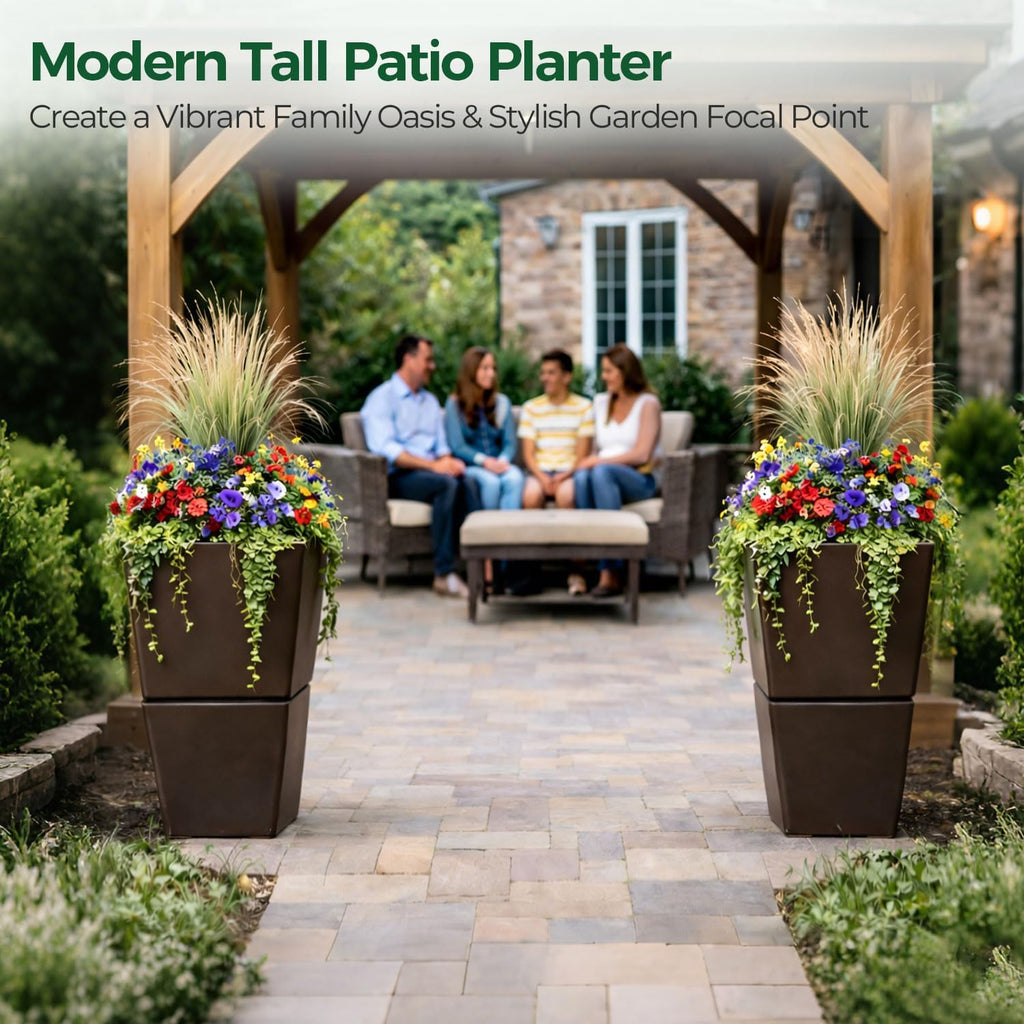 T4U Tall Planter for Outdoor Plants 2 Pack, Large Plastic Pots Brown | Patio porch deck use, Stackable design with