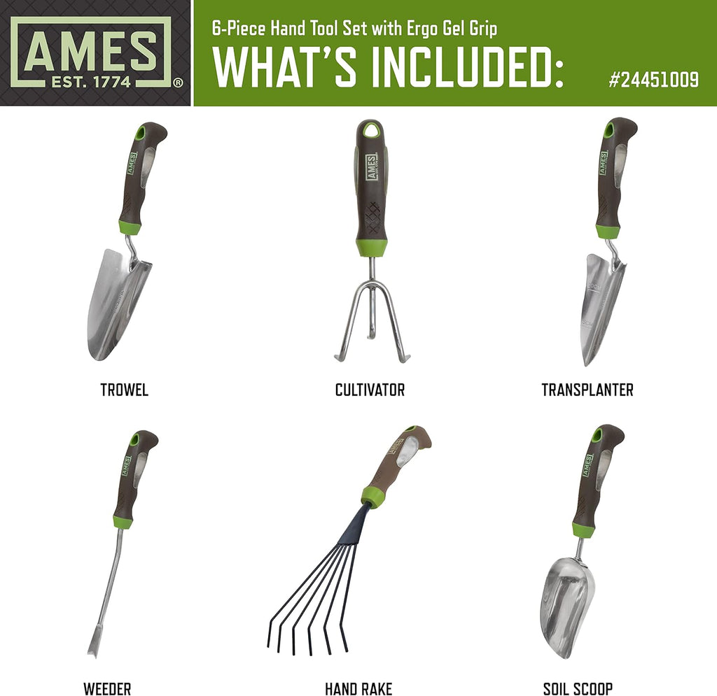 AMES 24451009 6-pc. Ergo Gel Grip Garden Tool Set with Hand Trowel, Weeder, Rake, Transplanter, Scoop & Cultivator