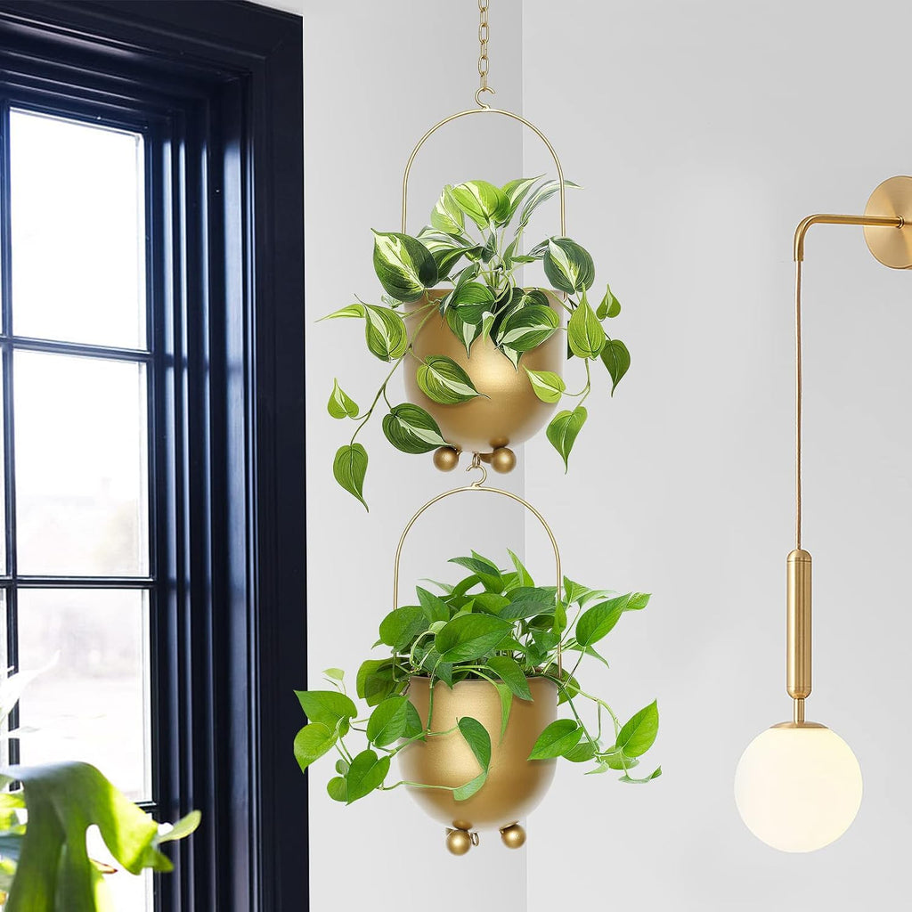 AceList Boho Gold Metal Hanging Planters, Set of 2 with Hooks & Chains - Versatile Wall & Ceiling Plant Hangers for