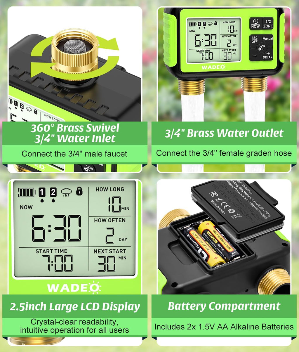 Brass 2 Zone Water Hose Timer, Waterproof Programmable Sprinkler Timer | Automatic Two Zone Irrigation Controller with