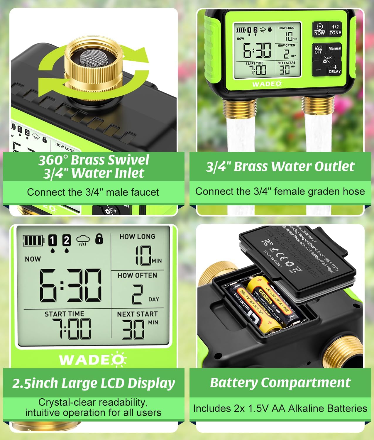 Brass 2 Zone Water Hose Timer, Waterproof Programmable Sprinkler Timer | Automatic Two Zone Irrigation Controller with