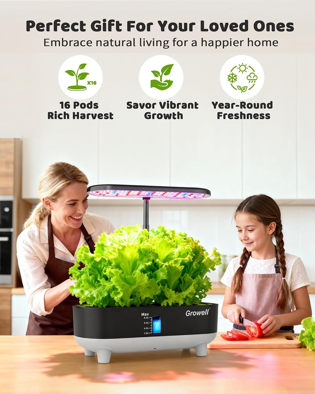 Growell 16 Pods Hydroponics Growing System Kit with 3 Light Modes & 2 Timer | Smart Water Circulation, LED Grow Light