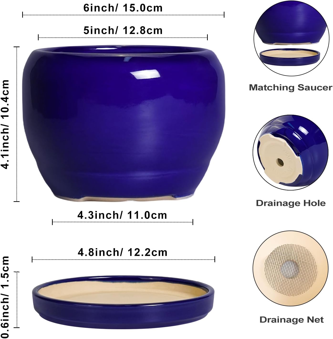 SQOWL Ceramic Planters for Indoor Plants - 6 Inch Plant Pot with Drainage Hole and Saucer, Round Small Planter, Modern