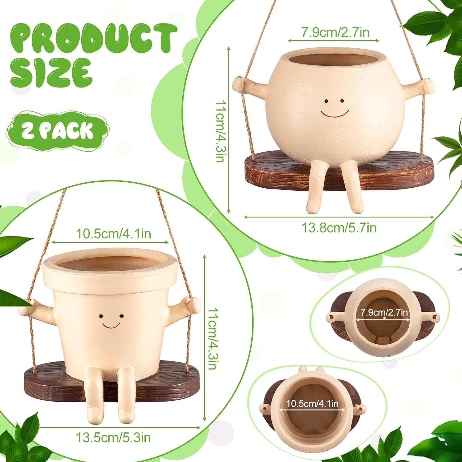 2 Pcs Swing Hanging Planter Cute Smile Flower Face Pot Indoor Outdoor Pots for Succulent String of Pearls Plants Plant