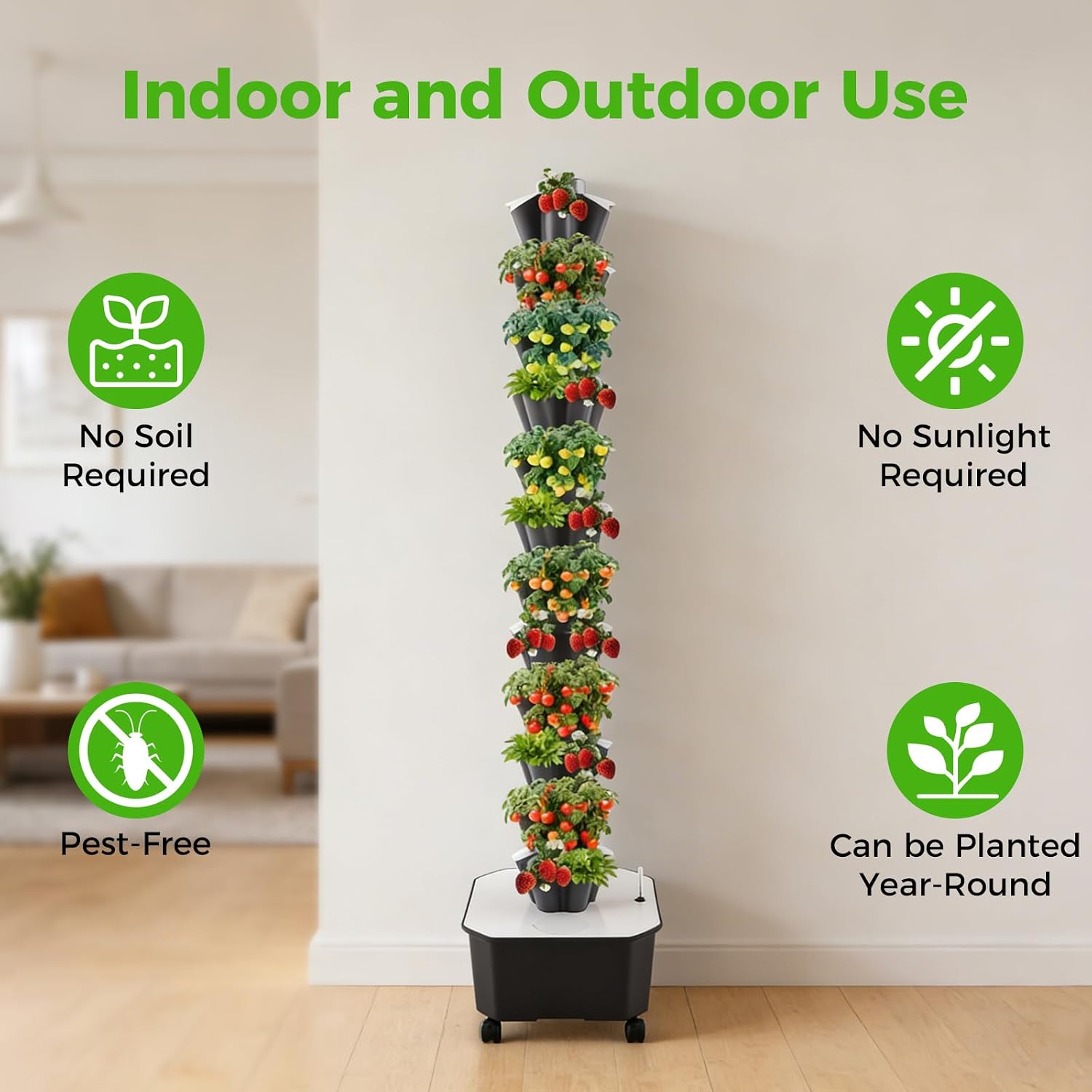 Hydroponic Grow Tower 12 Tiers 60 Holes, 6.6Gal Indoor Vertical Garden System with Water Pump, Automatic Water